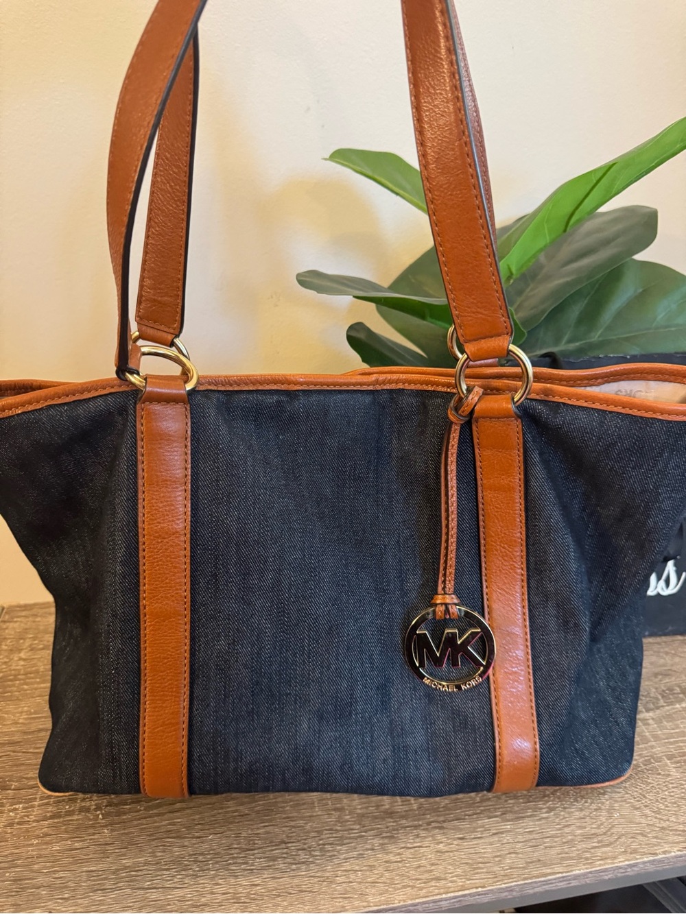 Michael Kors Dark Denim Tote with Brown Leather Trim and MK Charm